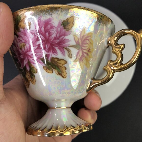 VTG November Chrysanthemum Footed Teacup Saucer Pink Floral Iridescent Cottage - Picture 11 of 14